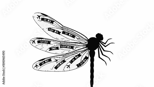 Silhouette of a dragonfly with inspirational words of hope and resilience on its wings