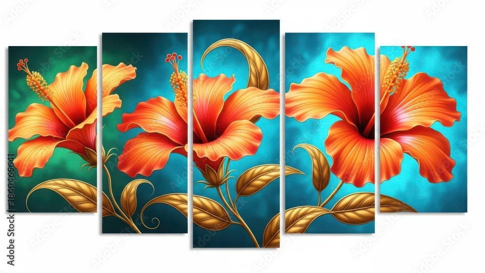 Naklejka premium 3D Orange Hibiscus Aqua Blue Luxury Floral Wall Art