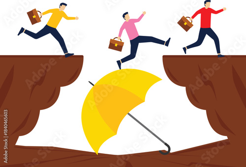 Protection or shelter, politics or policy, getting out of problems or crises, umbrellas between cliffs help businessmen over the cliffs

