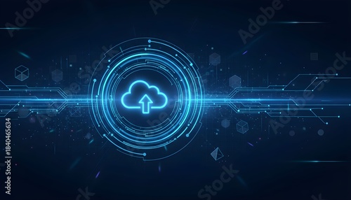Glowing blue cloud upload icon within a futuristic digital interface representing cloud computing and data transfer technology