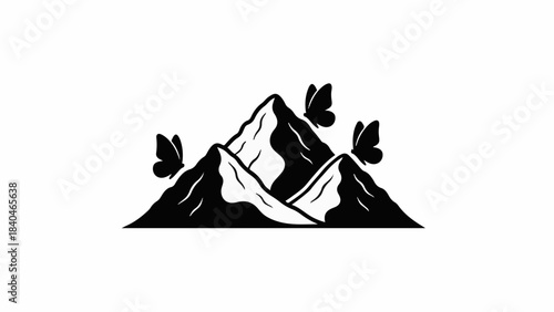 Majestic snow-capped mountains with delicate butterflies fluttering around peaks