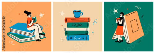 World Book Day graphics - book week events. Modern flat vector concept illustration of reading people, young man reading book flying in the sky in retro style