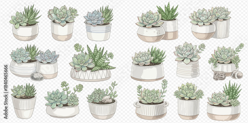 Collection of various potted succulent plants in different decorative containers, isolated on a transparent background.