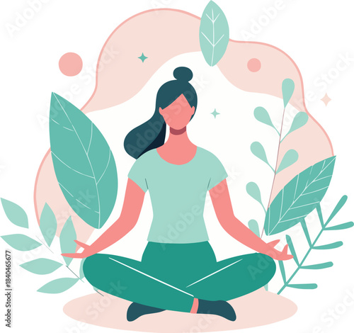 Woman meditating in lotus position surrounded by lush green foliage