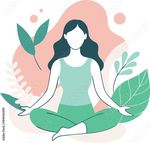 Woman meditating in lotus position amidst calming floral and abstract shapes