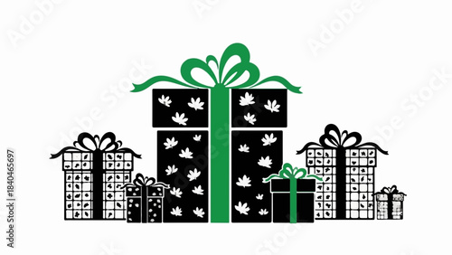 Assortment of festive gift boxes tied with elegant green ribbons, symbolizing celebration and surprise.