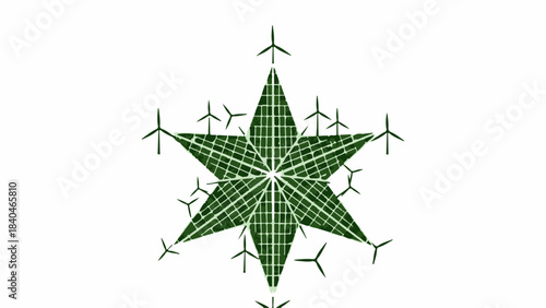 Symmetrical green snowflake formed by solar panels and wind turbines, symbolizing renewable energy.