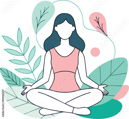 Woman meditating peacefully in lotus position surrounded by abstract botanical elements