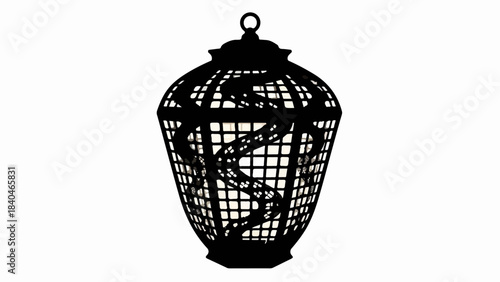 Silhouette of a snake coiled inside a decorative birdcage, symbolizing confinement and hidden danger.