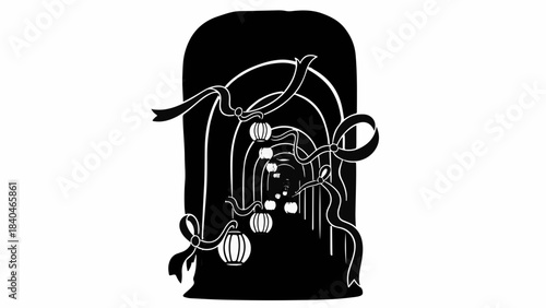 Mysterious dark hallway with illuminated lanterns and flowing ribbons, creating an atmospheric and intriguing perspective.