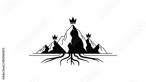 Majestic mountain peaks crowned with royal insignias, rooted deeply in the earth.