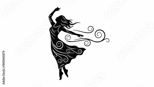 Graceful dancer in flowing dress expresses freedom and joy in a stylized silhouette