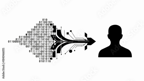 Abstract digital data stream flowing into a human silhouette, representing information processing and AI