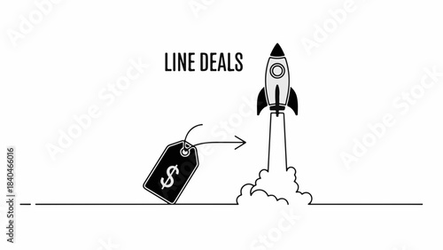 Rocket launch with a price tag flying away, symbolizing successful deals and growth.