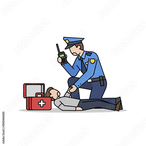 Police officer providing first aid to an injured person.