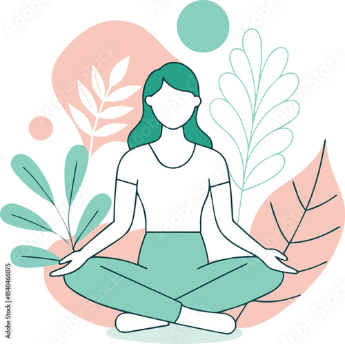 Woman meditating in lotus position amidst abstract botanical elements