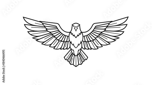 Stunning black and white line art emblem of an aggressive eagle bird with wings spread wide ready for flight