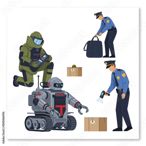 Police officers and bomb disposal squad characters set.