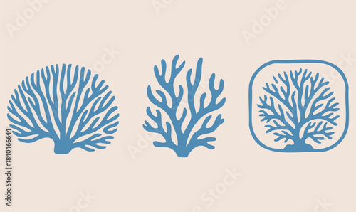 Vector Sea Coral Icon Set. Boho Seaweed, Reef Silhouettes. Matisse Style Ocean Simple Plant. Coastal Summer Beach Illustration for Print, Poster, Logo. Naive Art Coral Set. Reef, Algae Organic Shape