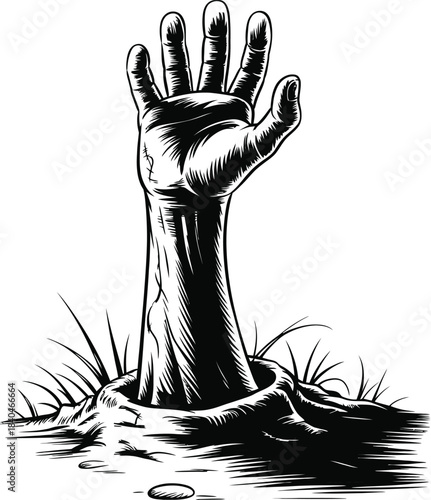 Grunge black and white zombie hand rising from soil creating eerie Halloween visual with spooky horror atmosphere and detailed scary illustration concept