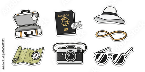 Travel accessories luggage passport map camera sunglasses and hat concept