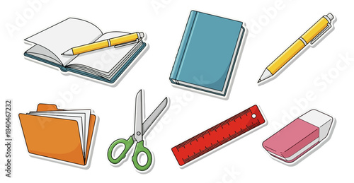 Assortment of office supplies and stationery items with white outline