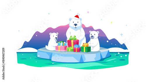 A family of polar bears sitting on floating icebergs wrapping brightly colored Christmas gifts, northern lights glowing overhead.
