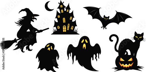 Halloween silhouettes, flying witch, haunted house, spooky ghosts, glowing jack-o'-lantern, black cat, bat, horror clipart, cartoon vector, festive icons