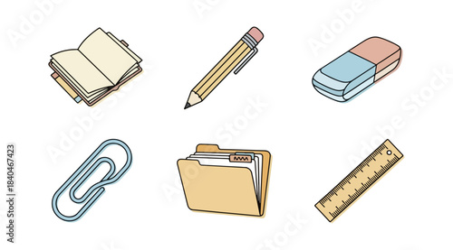 Assorted stationery items illustration for education and office usage
