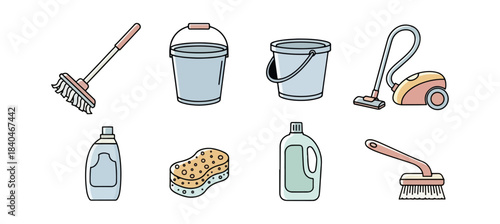 Cleaning supplies collection illustrated in flat vector style