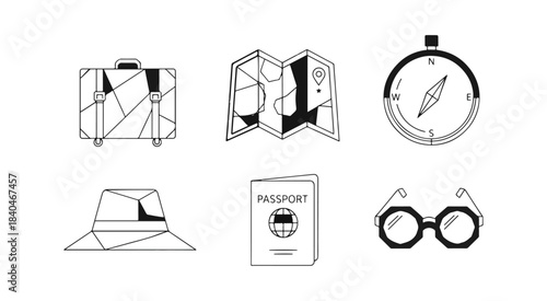 Travel and adventure icons suitcase map compass passport binoculars hat