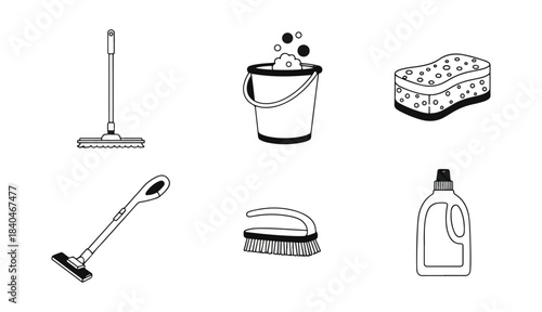Cleaning supplies set icons monochrome illustration