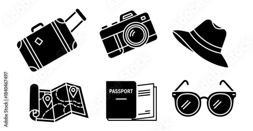 Travel and vacation symbols outline black and white