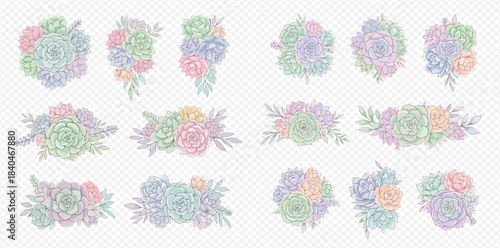 Set of pastel colored succulent plant bouquets and floral arrangements for decoration.