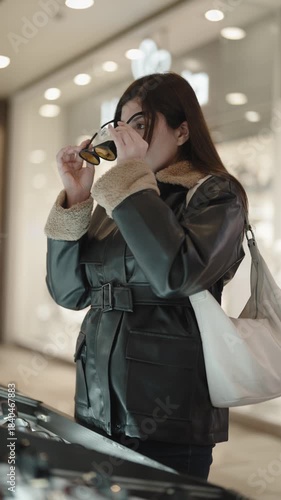Young woman browsing clothes on rack in fashion store