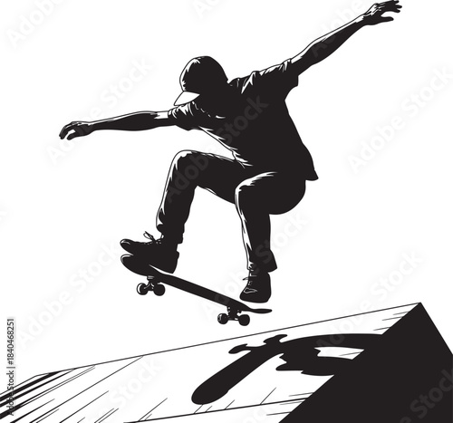 Silhouette of skateboarder performing an aerial trick over a ramp