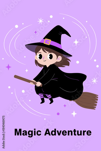 Magic Adventure Cute Cartoon Little Witch Flying on a Broomstick Against a Purple Starry Background for Halloween.