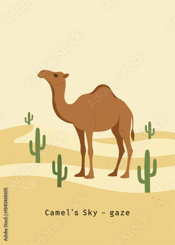 Camel's Sky Gaze Cute Cartoon Camel Standing in the Desert Landscape with Cactus Plants and Sand Dunes.