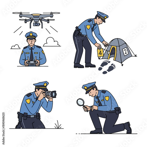 Police officers conducting forensic investigation using drone camera and magnifying glass.
