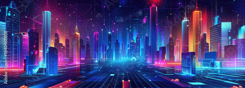 Cyber Cityscape: An electric cityscape illuminates with vibrant neon lights and digital networks, embodying the dynamic synergy of urban life and futuristic technology.
