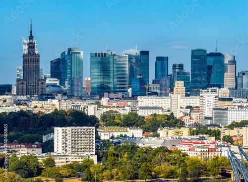 Aerial panoramic view of central Warsaw with downtown skyscrapers of Srodmiescie and Wola city center districts of Warsaw in Poland