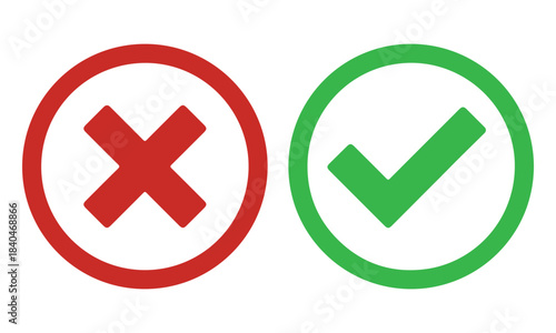 Tick and cross signs. Green tick OK and red X cross. YES and NO. False and true, right and wrong. Correct and incorrect, accept and reject. Digital content. Green checkmark, red X. vector illustration