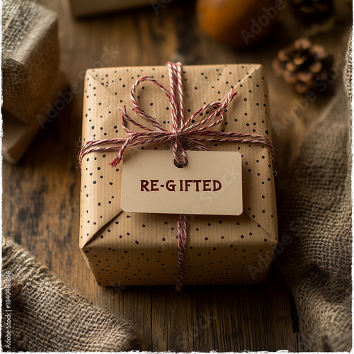A small, neatly wrapped gift box labeled “RE-GIFTED” sits on a rustic wooden surface. The present is wrapped in brown paper with black speckles and tied with red and white twine.