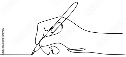 Hand writing continuous line drawing depicting a hand with pen in smooth single-line minimalist illustration