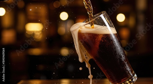 Pouring dark beer into a glass.  Foamy top.  Blurred pub background