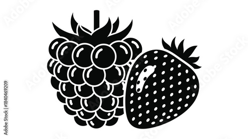 A simple black and white illustration of a raspberry and a strawberry