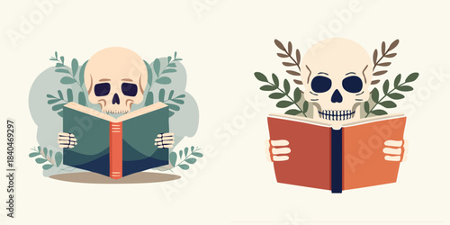 Skeleton reading a book with foliage, symbolizing knowledge and mortality with a touch of nature