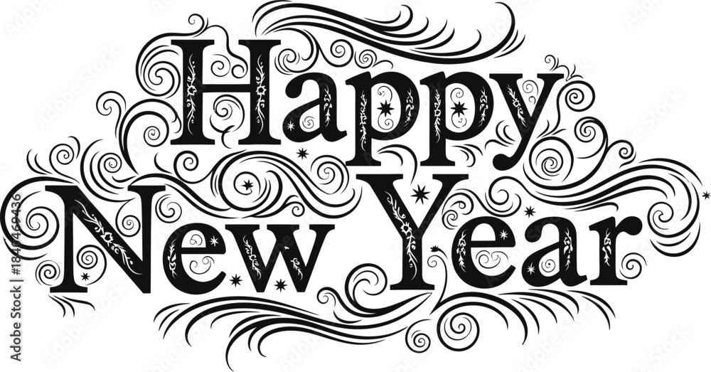 Obraz premium Hand lettered happy new year calligraphy design with flourishes and swirls