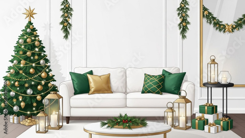 Festive Living Room Decor: A cozy and inviting living room is dressed in holiday cheer, with a decorated christmas tree, garlands, and ornaments enhancing the warm atmosphere.