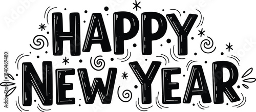 Hand drawn happy new year typography with decorative swirls and sparkling elements